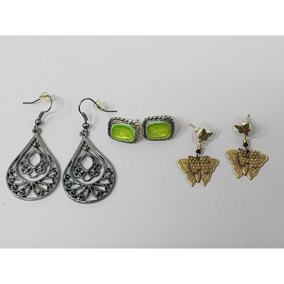 Set Of 3 Pairs Of Earrings: Silver Tone Teardrop Green Stud Gold Butterfly Desig - Picture 1 of 6